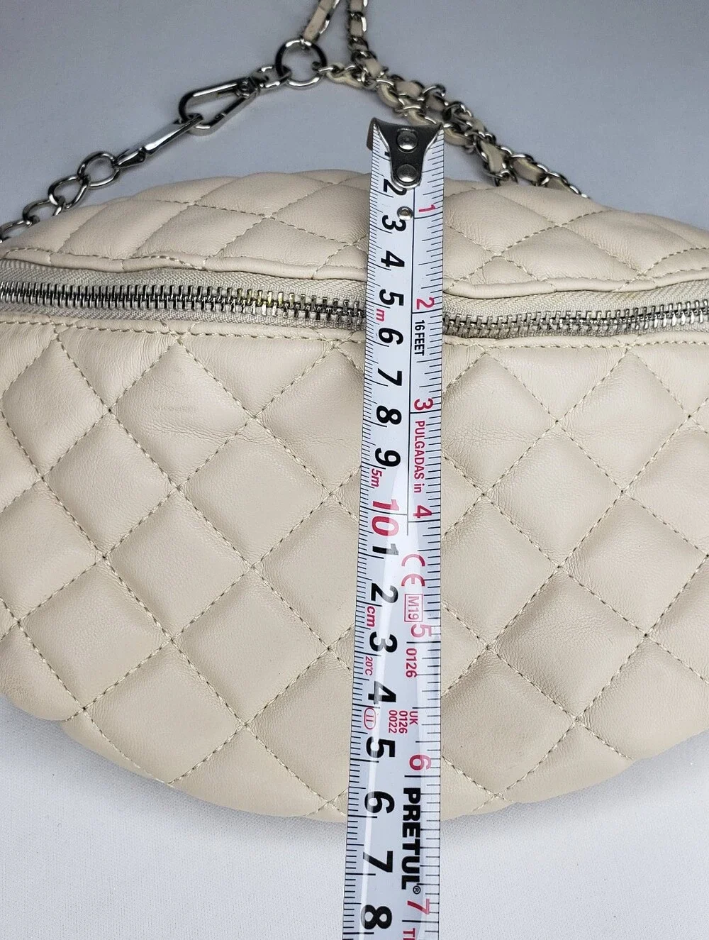 Steve Madden Quilted Cream Crossbody Belt Bag with Silver Chain